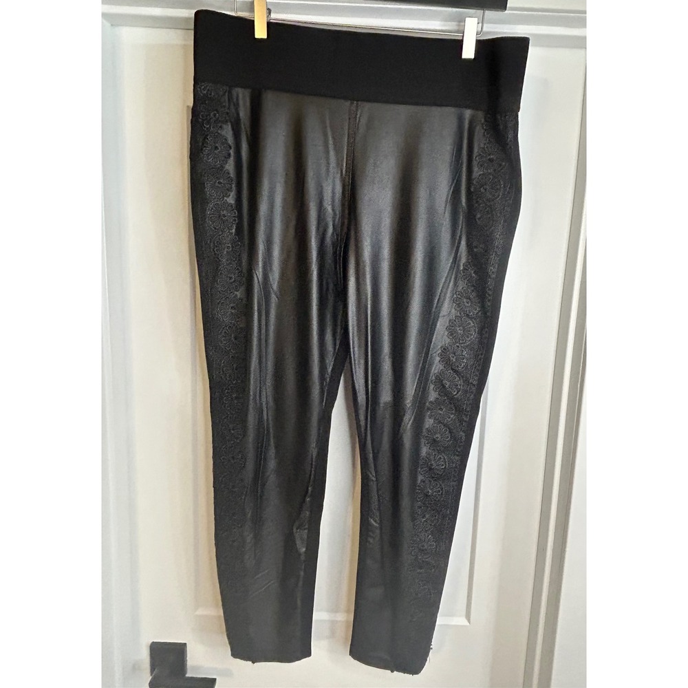 Nygard Slims Faux Leather Lace Trim Leggings Black Floral Embroidered XL 18-20